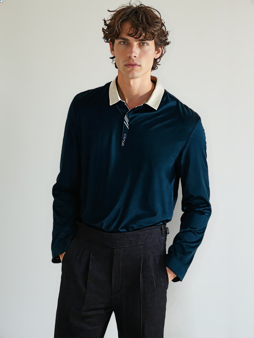 HASSAN® Long Sleeve Turn-down Collar Waffle T-shirt